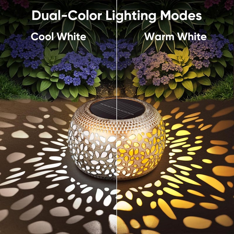 NFEVER Solar Lanterns Outdoor Waterproof: 2 Pack White Gold Hollow Out Metal Solar Lights - 2 Lighting Colors Outside Patio Garden Yard Porch Tabletop Decorations - Unique Gifts for Women Mom Wife - Image 3